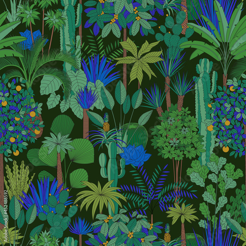 Oasis. Vector seamless pattern. Tropical trees and palms. Blue and green.