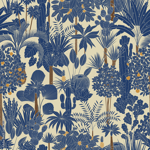 Oasis. Vector seamless pattern. Tropical trees and palms. Retro photo