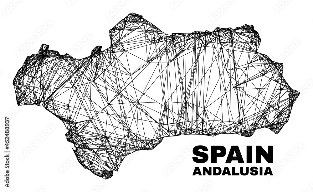 carcass irregular mesh Andalusia Province map. Abstract lines form Andalusia Province map. Wire carcass flat net in vector format. - obrazy, fototapety, plakaty 