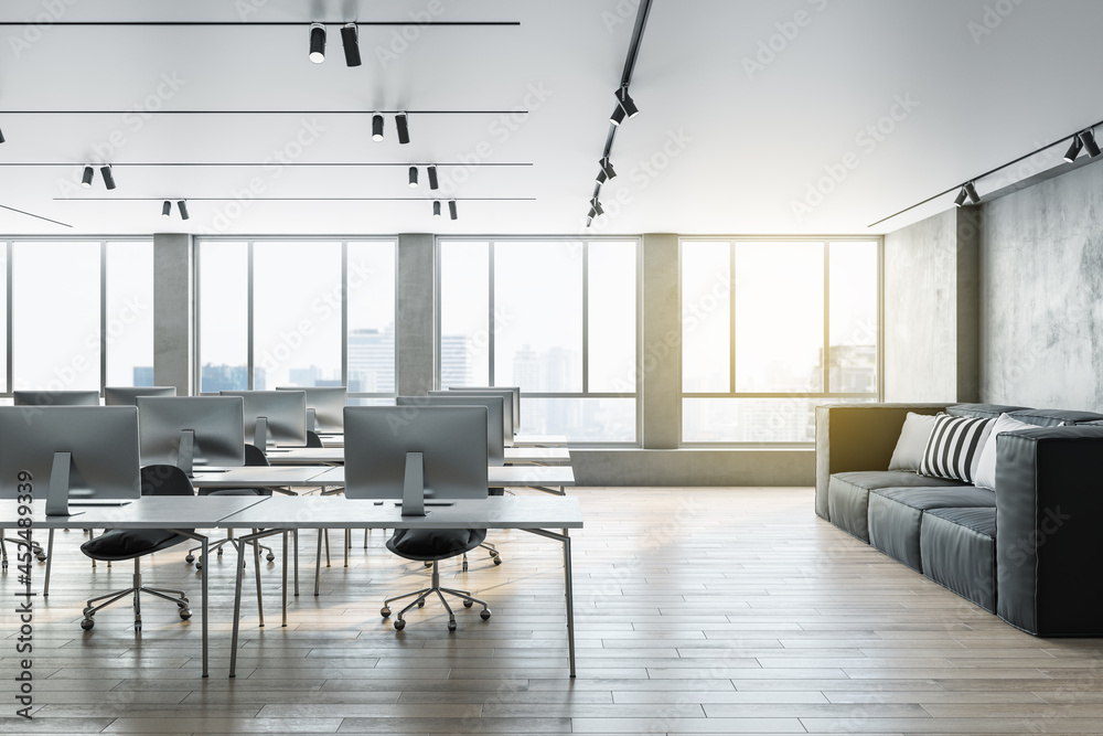 Spacious coworking office interior with city view, furniture and daylight. 3D Rendering.