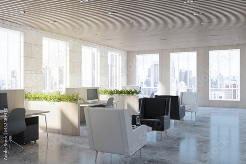 Clean office interior with city view  armchairs  workplaces and equipment. 3D Rendering.