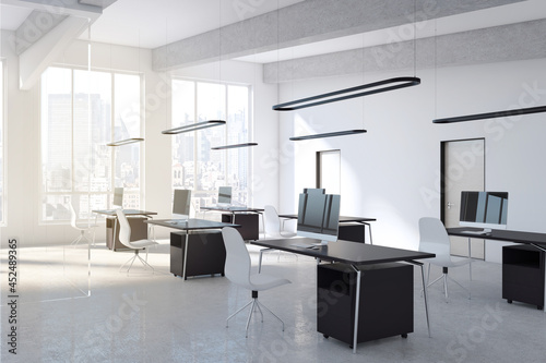 Modern concrete glass office interior with equipment  city view  furniture  devices and daylight. 3D Rendering.