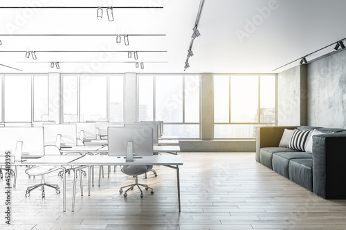 Bright sketch of modern office interior with equipment, daylight and furniture. Design and repairs concept. 3D Rendering. photo