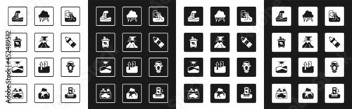 Set Wastewater, Volcano eruption with lava, Recycle bin recycle, Tsunami, Bottle of, Storm, Face protective mask and Drought icon. Vector