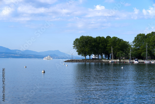 Lake Geneva at City of Lausanne on a cloudy summer day. Photo taken August 11th, 2021, Lausanne, Switzerland.