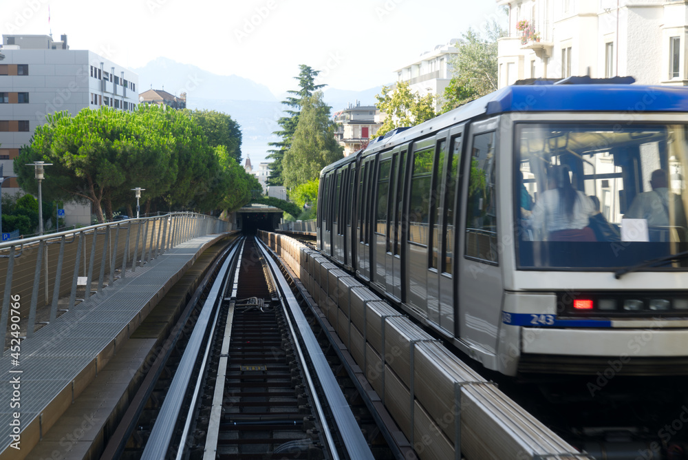 Fototapeta premium Metro tracks at City of Lausanne on a sunny summer day. Photo taken August 11th, 2021, Lausanne, Switzerland.