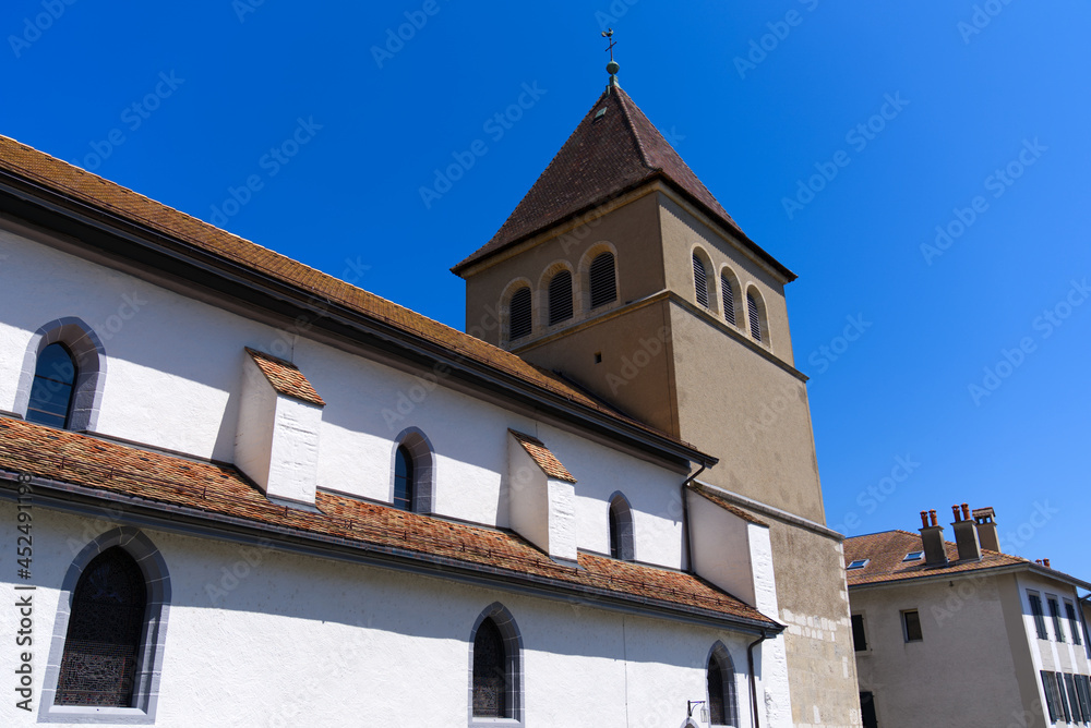 Fototapeta premium Roman protestant church Notre Dame at City of Nyon on a sunny summer day. 