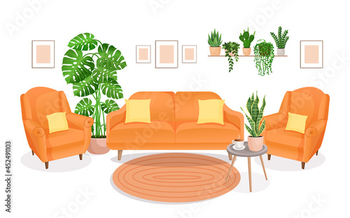 Modern living room interior with furniture and home plants. Design of a cozy room with a sofa, armchairs, plants and decor items. lounge room.