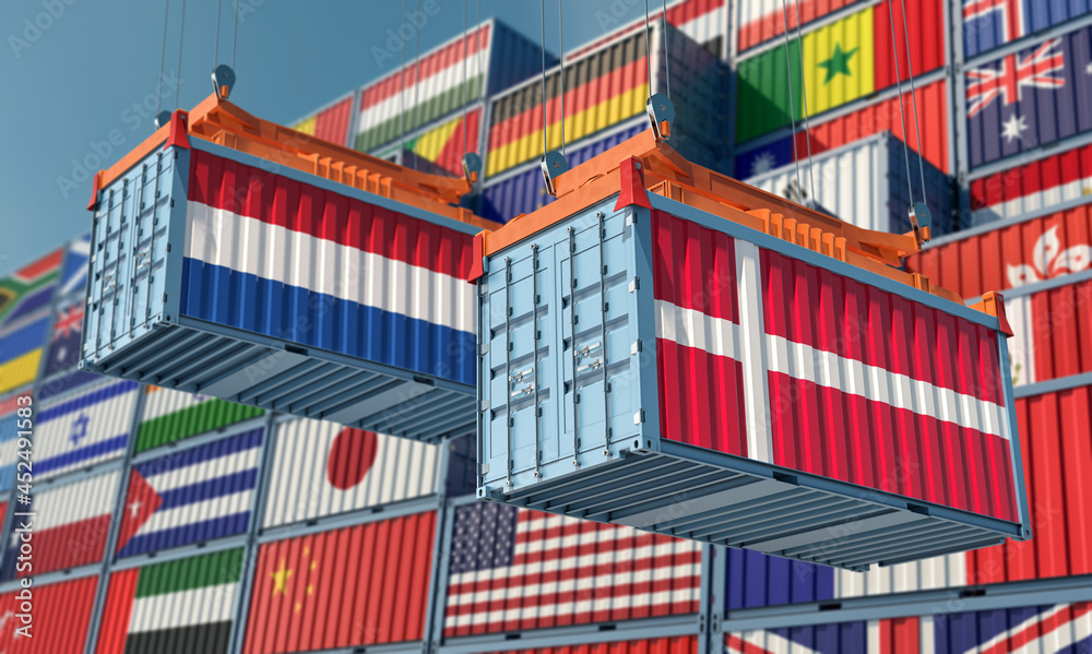Freight containers with Netherlands and Denmark national flags. 3D Rendering 
