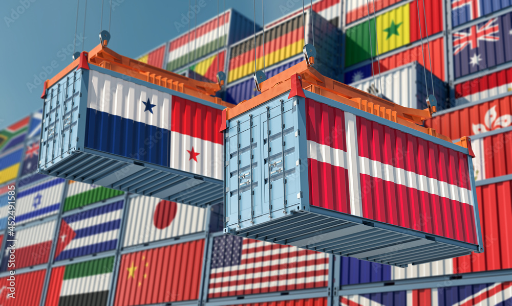 Freight containers with Panama and Denmark national flags. 3D Rendering 