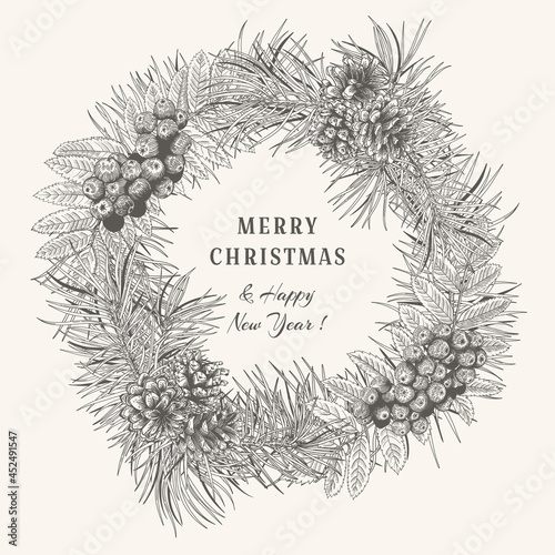 Christmas wreath with mountain ash, pine branches and cones. Sketch. Black and White.