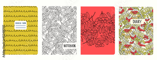 Cover page templates based on patterns with hand drawn ashberry branches and cursive imitation. Backgrounds for notebooks, notepads, diaries. Headers isolated and replaceable