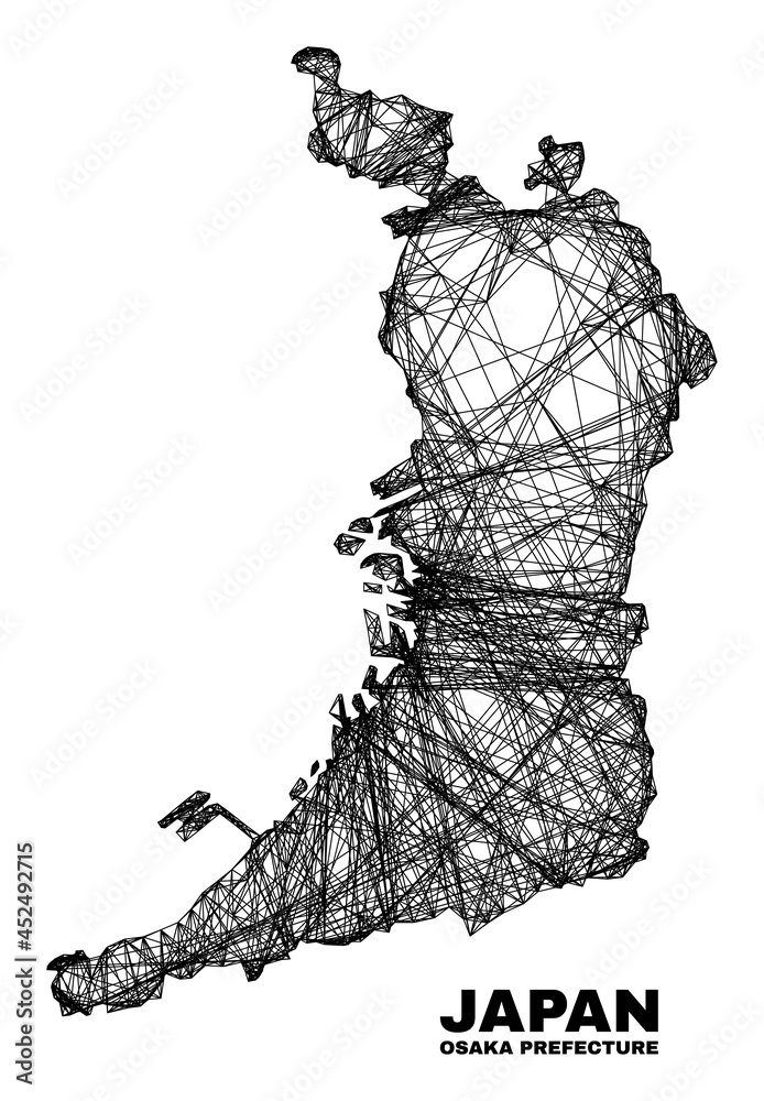 Wire frame irregular mesh Osaka Prefecture map. Abstract lines form Osaka Prefecture map. Wire carcass flat net in vector format.