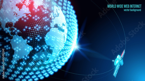 Planet Earth. Vector. A satellite in orbit transmits a signal to the surface of our planet. Space Internet. World Wide Web. A satellite in orbit transmits a signal to the surface of our planet.