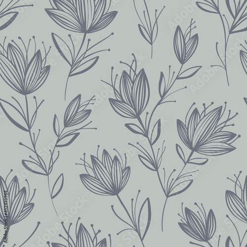 Seamless pattern of abstract flowers  drawn by line by hand. Monochrome grey sketch of wildflowers wallpaper. Ink drawing for design invitations  print fabric