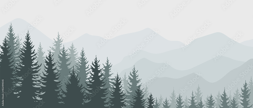 Evergreen coniferous trees with a mountain landscape. Horizontal banner template with fir forest. Postcard, advertising poster for forest recreation, summer camp, tourism. Vector illustration
