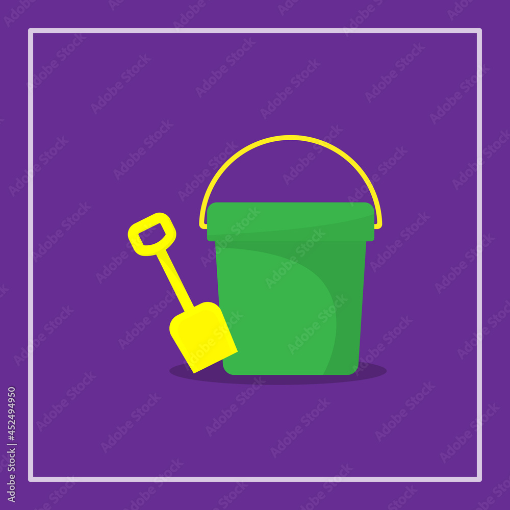 Obraz premium Vector illustration of a sand bucket and shovel. Children's toy. Isolated background vector flat design.