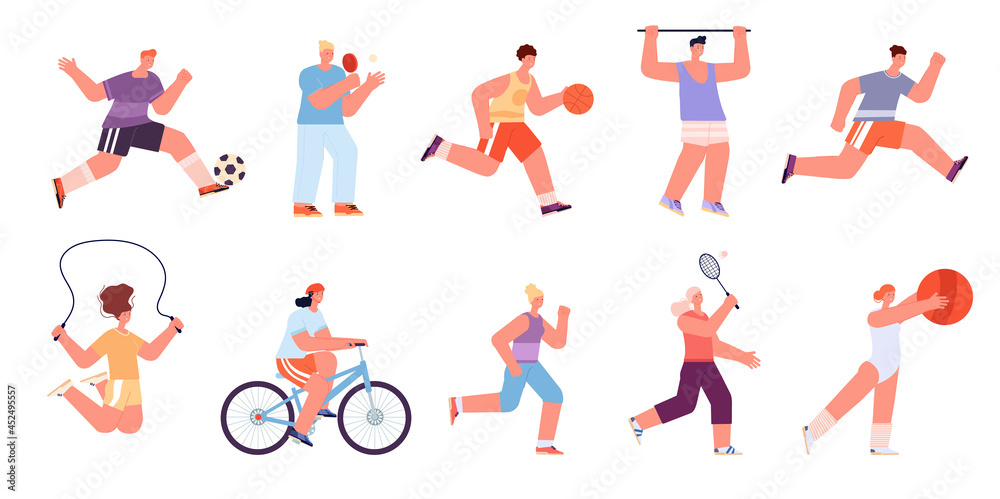 Sport workout characters. Male jogging, sports exercises doing. Badminton player, fitness training people. Running woman utter vector collection