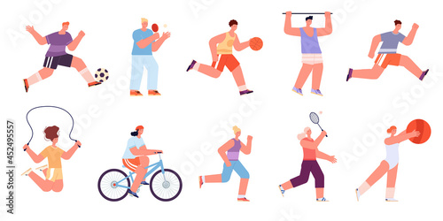Sport workout characters. Male jogging  sports exercises doing. Badminton player  fitness training people. Running woman utter vector collection