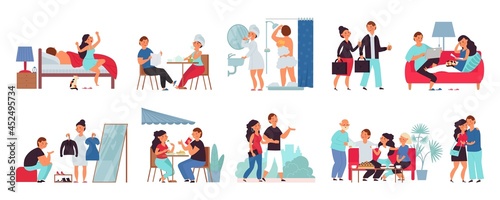 Couple life together. Romantic person daily routine, man walking. Family in home, wake up eating, wash in bathroom. Everyday together decent vector set