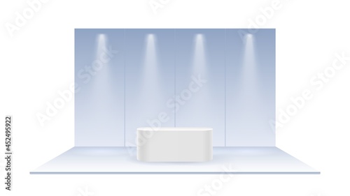Pastel blank exhibition trade. Realistic show booth, empty promotional advertising stand or pedestal with desk. Presentation event room display with lights vector mockup