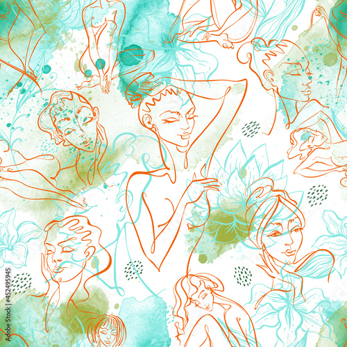 Line art. Beauty body. Seamless pattern with beautiful girls on a watercolor background . Vector