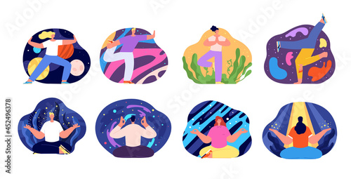 Creative mind process. Creativity characters in abstract shapes, people balanced in yoga poses. Meditation process in universe utter vector set