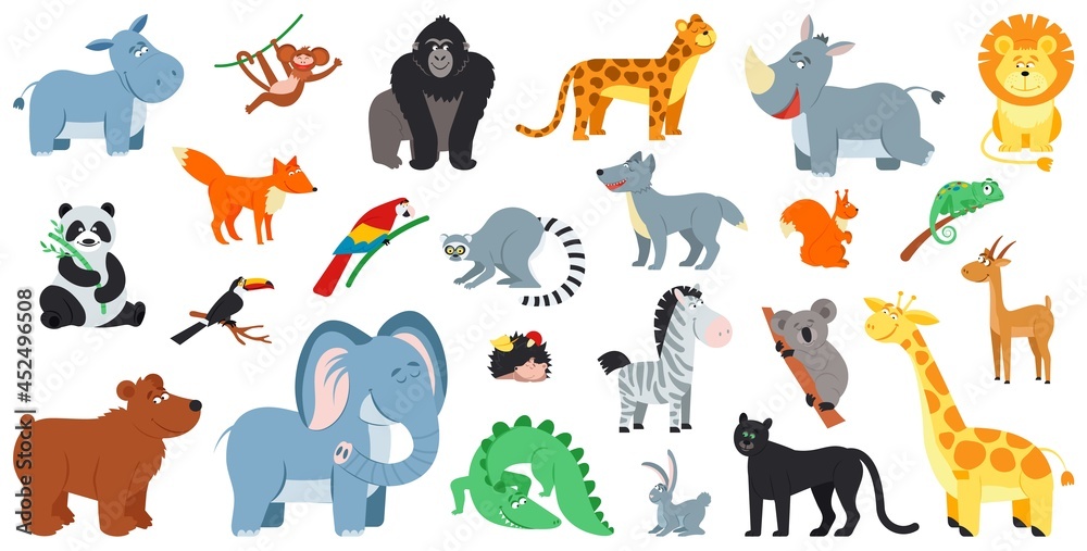 Exotic forest animals. Cute cartoon animal zoo life, zebra fox bear. Wild  safari, comic kids elephant panda and different african decent vector  characters Stock Vector | Adobe Stock