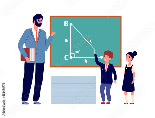 Children study in school. Kids lesson with teacher, cartoon boy girl in uniform standing at chalkboard in classroom. Education flat vector characters, clever teenagers