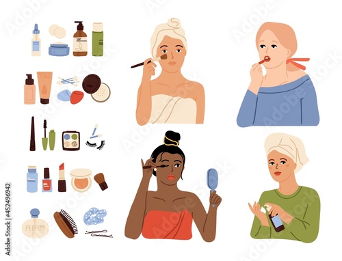 Female care. Makeup process, skin cares cosmetics and procedure. Cosmetology, beauty salon. Isolated diverse girls after bath doing make up vector set