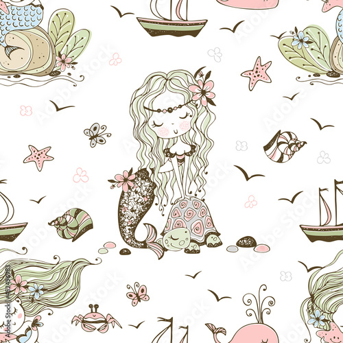 Seamless pattern with cute little mermaids. Vector