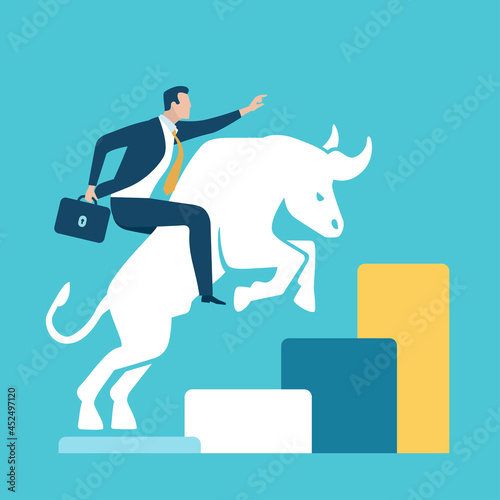 Investing. Bullish Market. Businessman holds on the back of a bull. Business illustration