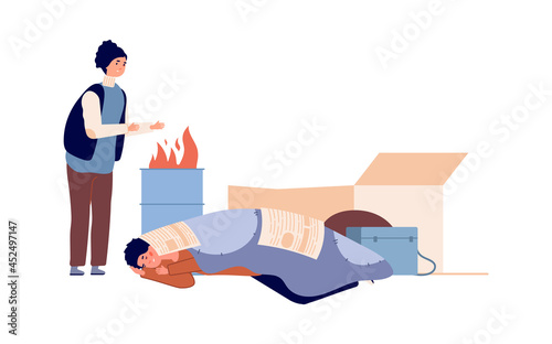 Poor people problems. Isolated homeless characters sleeping and bask by fire. Poverty man woman, refugee. Vector charity concept