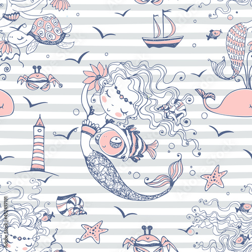 Seamless pattern with cute mermaids on a striped background. Vector