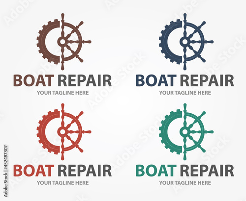 Boat Repair, Maintenance, Refurbishment logo. Boat wheel with gear. Fix icon.