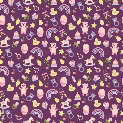 Baby pattern with child's toys, objects. Seamless pattern with baby things. Design for fabrics, textiles, wallpaper, packaging, children's room decoration.	