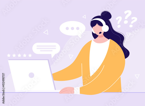 Customer support, call center worker. Female character with headsets and laptop talking with client.  Hand drawn vector illustration. Online support 24/7. Customer and operator...