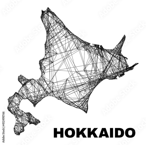 Wire frame irregular mesh Hokkaido map. Abstract lines are combined into Hokkaido map. Wire carcass flat net in vector format.
