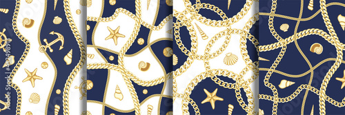 Golden Chains and Seashell Seamless Patterns Set.