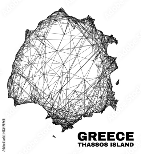 carcass irregular mesh Thassos Island map. Abstract lines form Thassos Island map. Linear carcass 2D net in vector format.