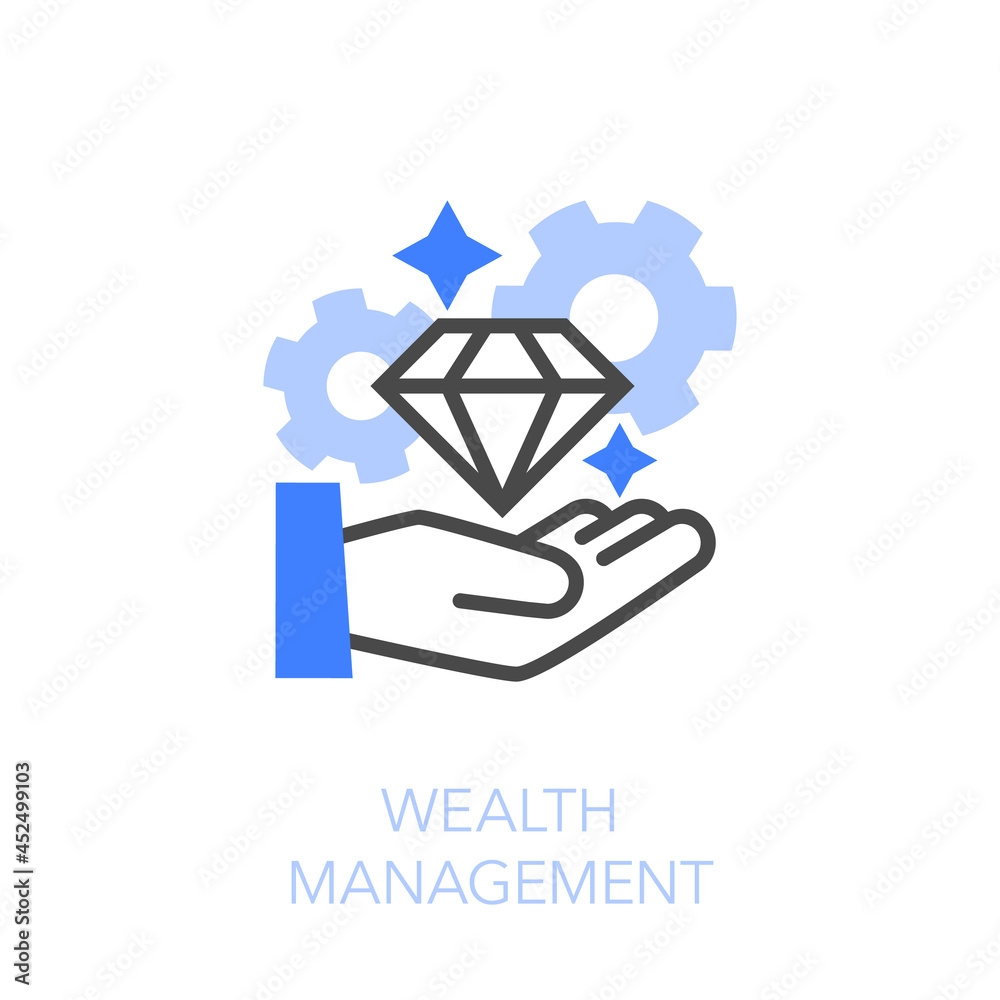 Wealth management symbol with a human hand, a diamond and cogwheels. Easy to use for your website or presentation.