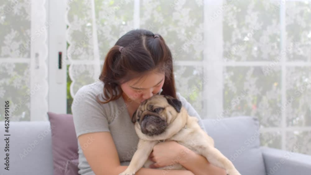 woman hug her dog pug breed and kissing on dog head sleep on her arm.Sleep dog relax and comfortable on owner arm.Adorable Cute dog sleep with love and safe from owner at home. woman hug her dog pug breed and kissing on dog head sleep on her arm.Sleep dog relax and comfortable on owner arm.Adorable Cute dog sleep with love and safe from owner at home.