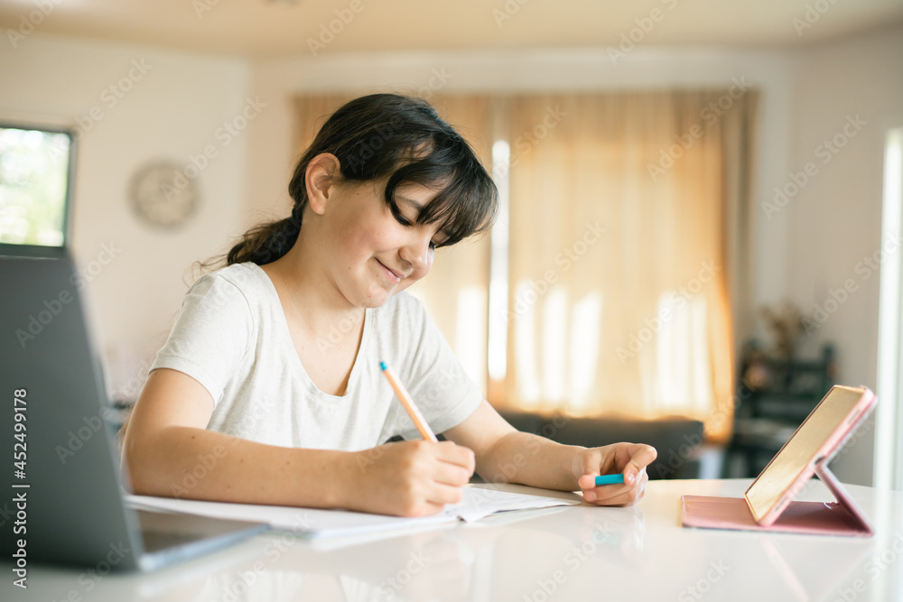 child girl, online learning, digital education, home schooling, studying at home child girl, online learning, digital education, home schooling, studying at home
