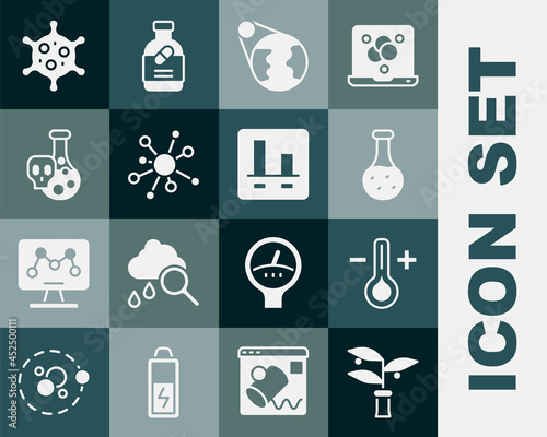 Set Plant breeding, Thermometer, Test tube, Earth globe, Molecule, with toxic liquid, Virus and Graph chart infographic icon. Vector