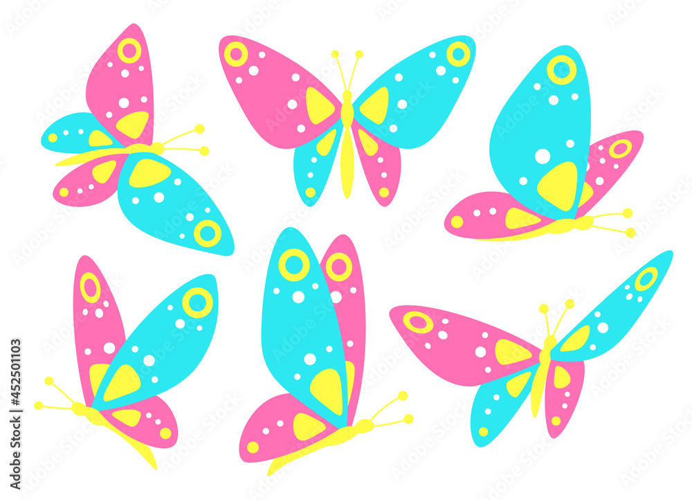 Butterfly cartoon baby set isolated colorful illustrations