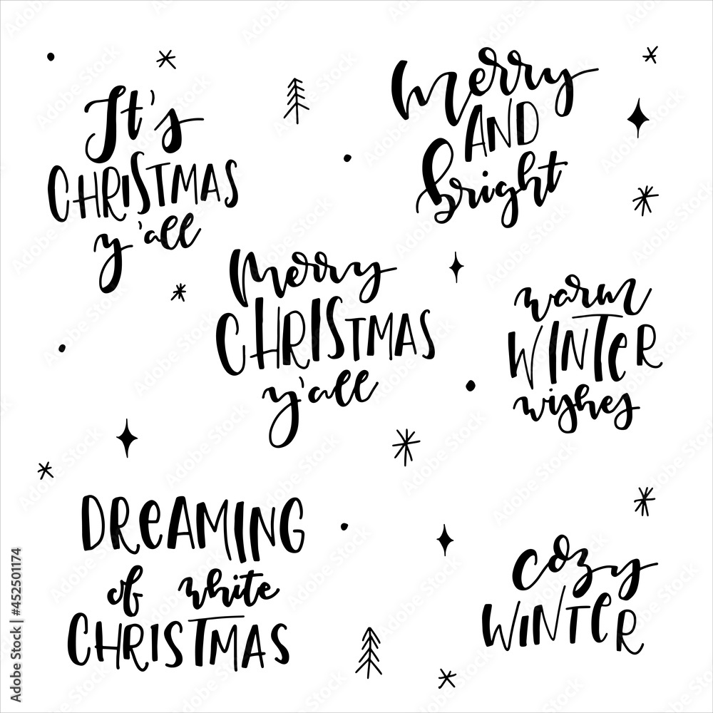 Merry Christmas, Christmas Holiday Celebration Greeting Card Designs. Merry Christmas vector brush lettering. Hand drawn modern brush calligraphy isolated on white background. 