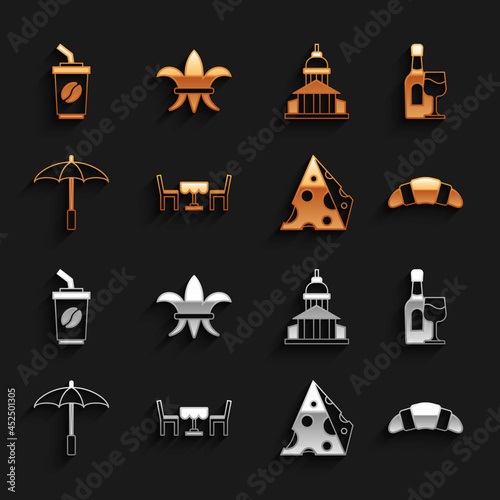 Set French cafe, Wine bottle with glass, Croissant, Cheese, Umbrella for beach, Museum building, Coffee cup to go and Fleur De Lys icon. Vector