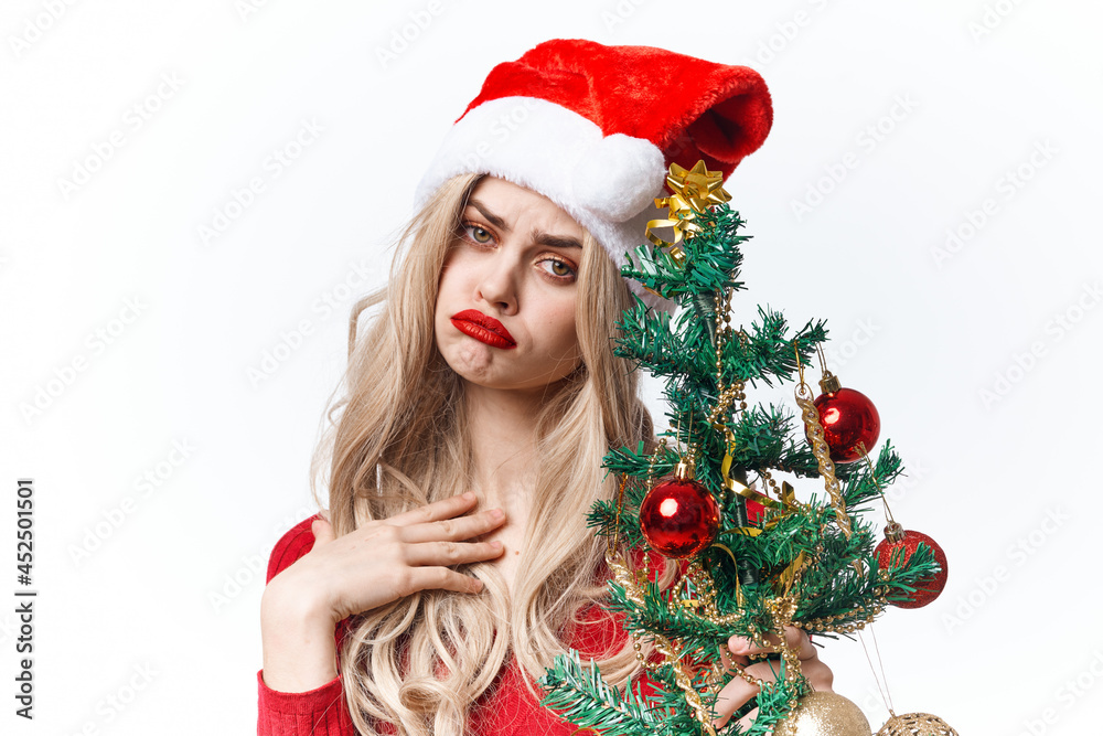 woman dressed as santa claus christmas tree holiday christmas woman dressed as santa claus christmas tree holiday christmas