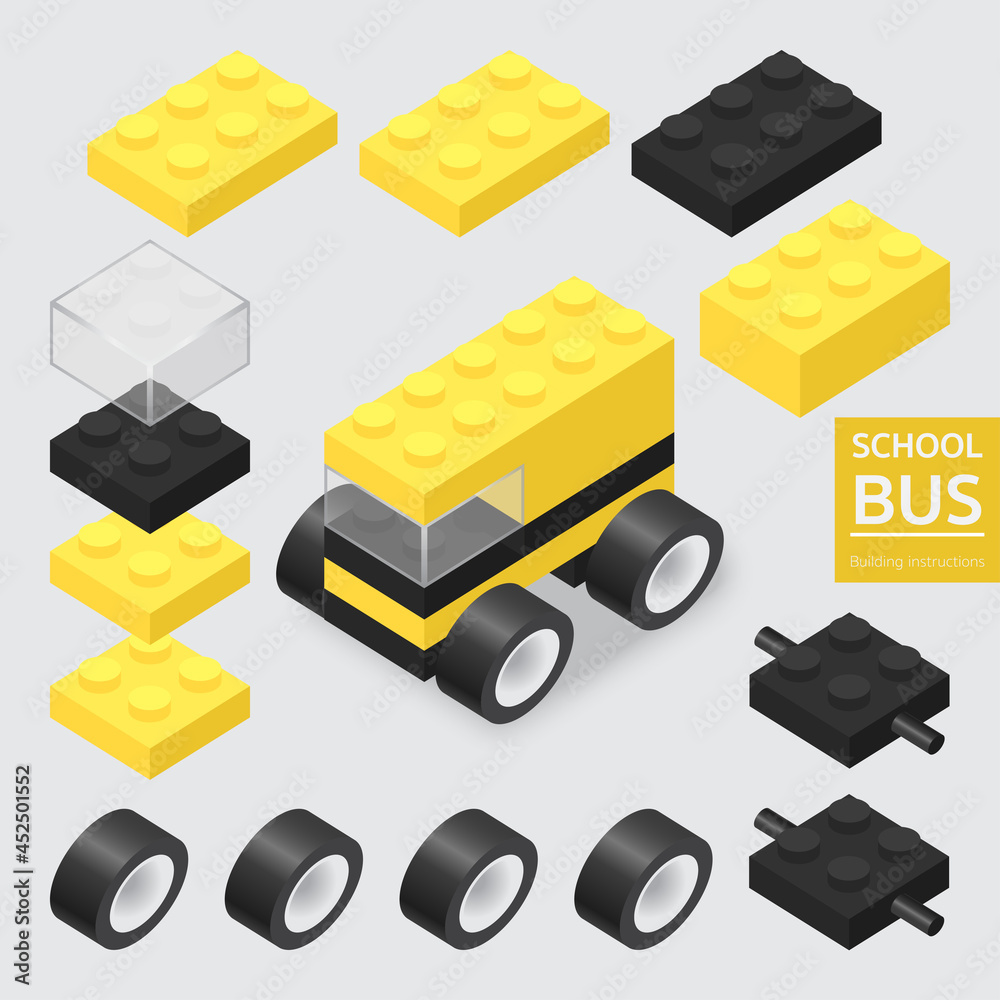 Vetor de Building instructions for school bus blocks bricks toy like Lego,  Toy building block like Lego, bricks for children. Vector isometric  illustration. do Stock | Adobe Stock