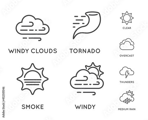 Set of Weather Related Line Icons. Contains Wind  Blizzard  Sun  Rain and more. Stroke Style.